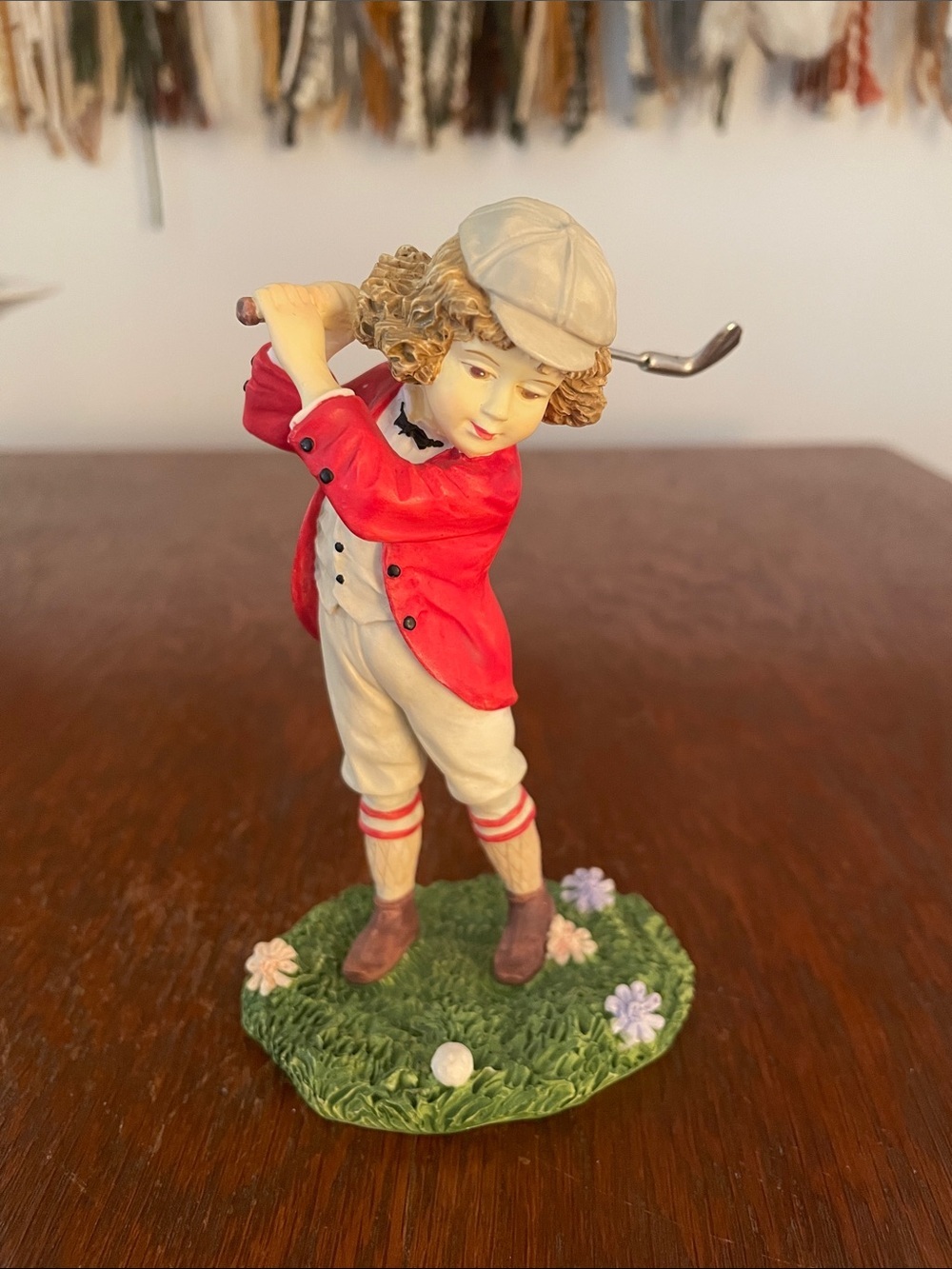 Vintage-Inspired Ceramic Golfer Figurine in Red and Cream